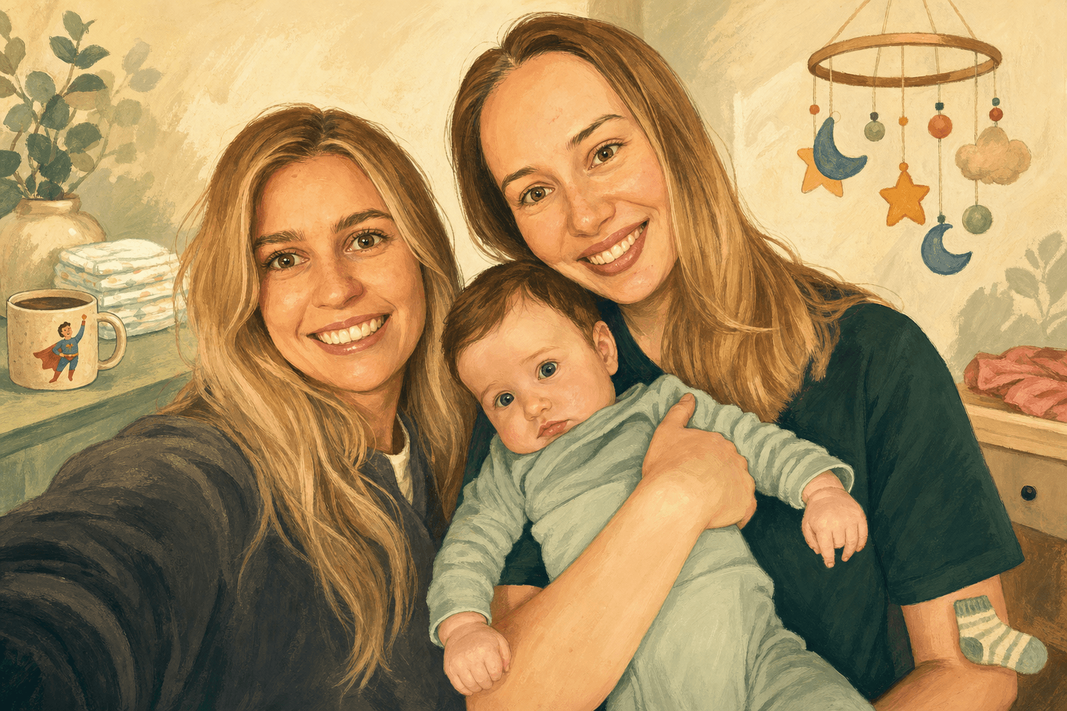 A painted family portrait of Anastasia, Sofia, and Yuliia